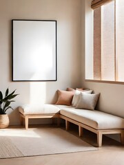 Naklejka premium Mockup frame in minimalist Japandi living room interior background, mockup frame design, frame mockup