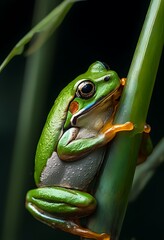 Green Tree Frog Clinging to a Plant Stem