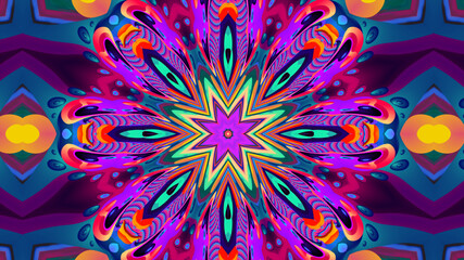 Abstract colorful psychedelic kaleidoscope background pattern for New Year music festival