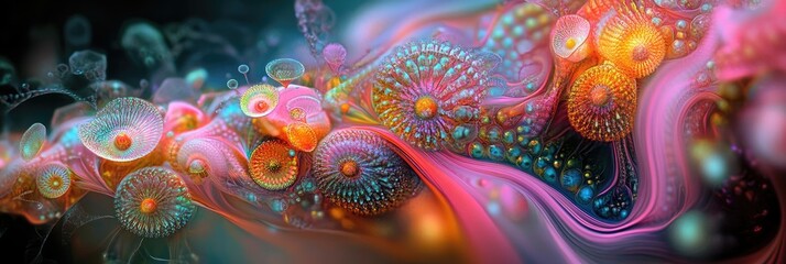 Abstract Digital Art with Vibrant Colors and Organic Shapes in a Surreal Underwater Scene