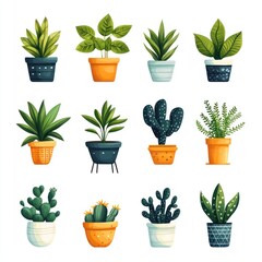 Illustration of Potted Plants and Cactus