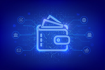 Digital wallet. E-wallet. Online payment by digital wallet. Online banking service application. Mobile banking, money transaction, e-commerce. Circuit board pattern background. Vector illustration.
