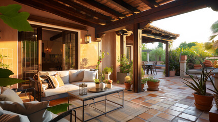 Fototapeta premium Warm tones, terracotta tiles, wrought iron details, and rustic wooden beams, with a focus on indoor-outdoor living. Mediterranean Villa interior design concept 