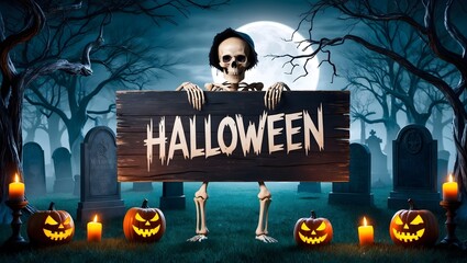 Halloween Party Card. Pumpkins And Skeleton In Graveyard At Night With Copy Space in Wooden Board.