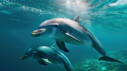 Obraz premium Dolphins swimming gracefully underwater, their sleek bodies gliding through the clear blue ocean. The sunlight filtering through the water enhances the beauty of this aquatic scene.