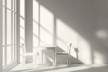Fototapeta premium Sunlit Minimalist Interior with White Chairs and Table by Large Window Casting Shadows
