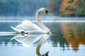 Fototapeta premium swan glides gracefully across a calm lake, reflecting its elegance in the still waters. The tranquil scene, with hints of autumn foliage, captures the serene beauty of nature.