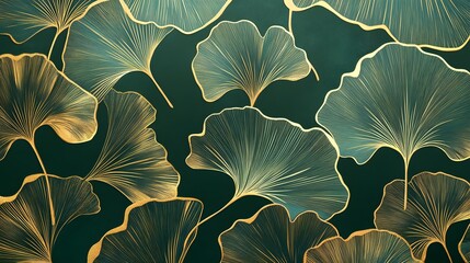 Sophisticated ginkgo leaf pattern, gold and green tones, detailed line art, illustration, high quality