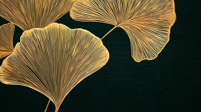 Stylish golden ginkgo leaf motif on a dark green canvas, intricate and high-resolution graphic art