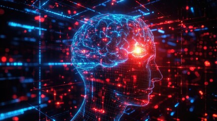 Futuristic Digital Brain with Neural Network and Data Streams in a Virtual Reality Environment