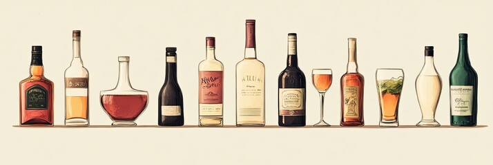 Assorted Bottles of Alcoholic Beverages on a Shelf - Whiskey, Wine, Rum, and Cocktails