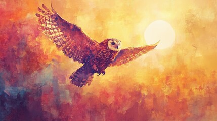 Majestic Owl in Flight Against a Vibrant Sunset Sky with Warm Tones and Abstract Background