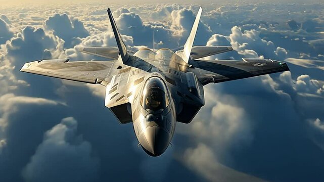 F-22 Raptor Soaring Above the Clouds: A powerful and majestic F-22 Raptor fighter jet cuts through the clouds, bathed in the warm glow of the setting sun, evoking a sense of speed, power, and technolo