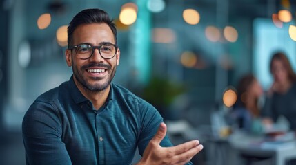 Businessman with an open hand gesture, explaining an idea during a brainstorming session, showcasing collaboration and communication
