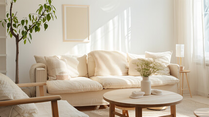 Bright and airy spaces with light wood furniture, neutral tones, and simple, functional decor, focusing on clean lines and natural light. Scandinavian Minimalism interior design concept 