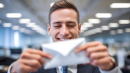 Successful businessman receiving envelope with salary raise or bonus, expressing joy and satisfaction. Corporate reward, financial incentive, and career advancement concept in professional workplace