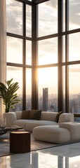 Fototapeta premium 39. **A chic contemporary apartment with large windows, modern furniture, and a city skyline view.