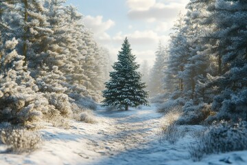 Solitary Evergreen Tree in a Snow-Covered Forest Pathway on a Bright Winter Day