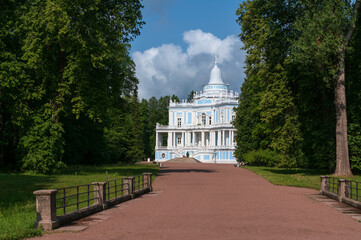 The Sliding Hill Pavilion in the upper park of the Oranienbaum Palace and Park Ensemble on a sunny...