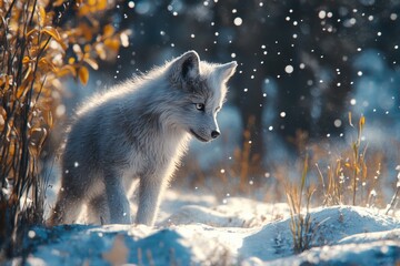 Obraz premium Young Arctic Fox in Snowy Landscape with Falling Snowflakes and Golden Autumn Foliage