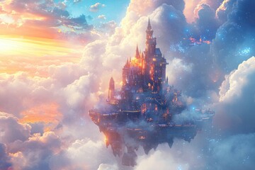 Enchanting Floating Castle in the Sky with Glowing Lights and Majestic Clouds at Sunset