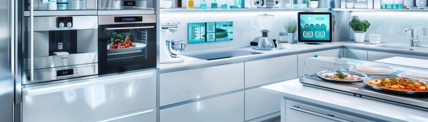 Futuristic kitchen with voice-activated appliances, robotic assistants, and an interactive recipe display, representing the next level of culinary innovation