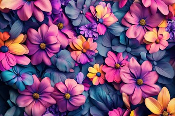 Vibrant and Colorful Floral Pattern with Various Flowers in Full Bloom, Perfect for Spring and Summer Themes