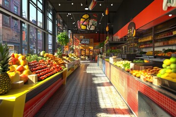 Obraz premium Bright and Modern Grocery Store Interior with Fresh Produce and Vibrant Colors