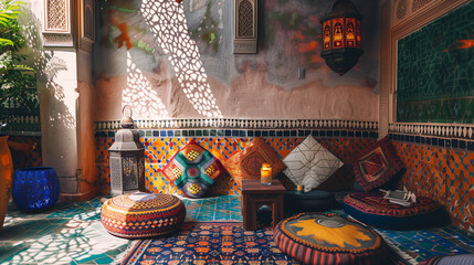 Rich, vibrant colors, intricate geometric patterns, and traditional Moroccan tiles, with a focus on ornate textiles and lantern lighting. Moroccan Oasis interior design 