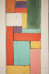 This stunning and colorful abstract wooden patchwork art is a true masterpiece of creativity