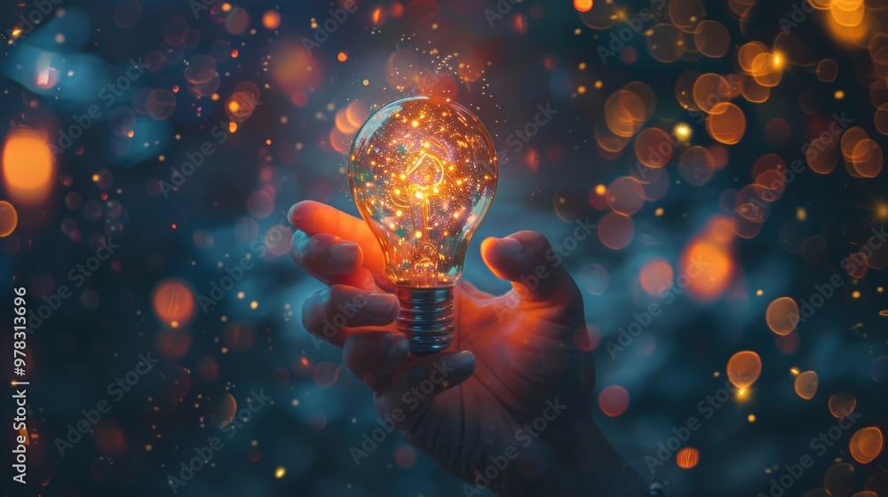 Poster hand holding glowing light bulb with bokeh in the background