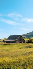 Obraz premium 33. **A picturesque rural barn with a well-maintained field, rolling hills, and a clear blue sky.