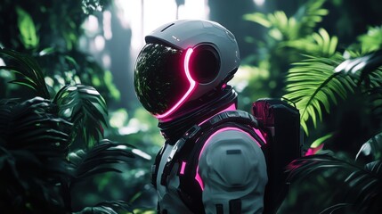 Futuristic astronaut in a glowing suit explores an alien jungle, enhanced by Unreal Engine 5s cinematic lighting
