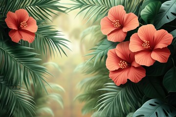 Obraz premium Tropical Illustration with Pink Hibiscus Flowers and Green Palm Leaves