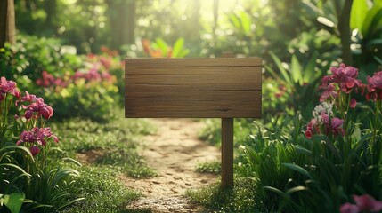 Naklejka premium Blank wooden trunk board for label information important in iris flower botanical garden farming