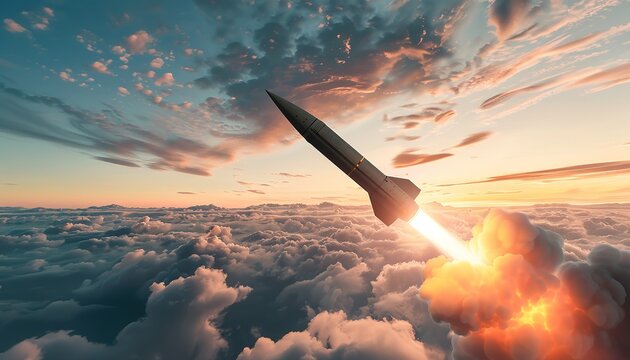 ICBM ballistic missile flying. Nuclear threat concept