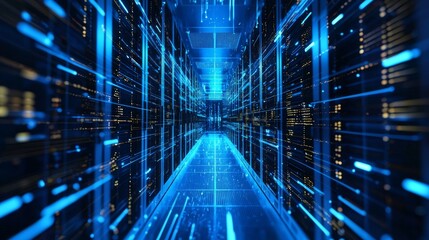 Futuristic data server room with blue light beams