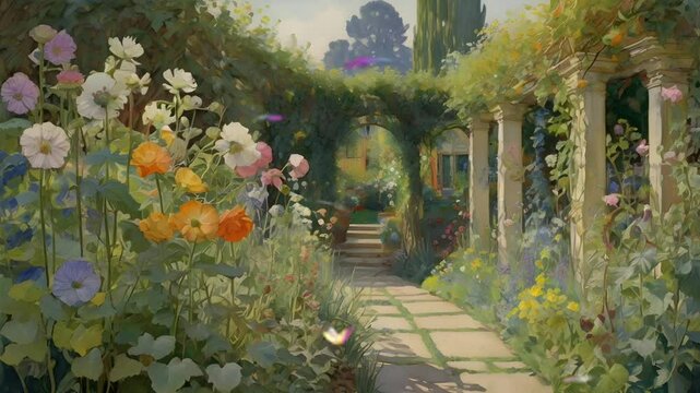 Old castle flower garden with pillars. Seamless 4K looping timelapse video animation background