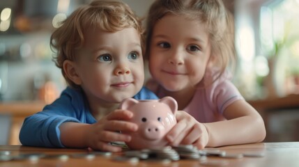 Fototapeta premium children learning to save, parents guiding their children through a money-saving plan, explaining the importance of budgeting with a simple allowance system, fostering good financial habits early