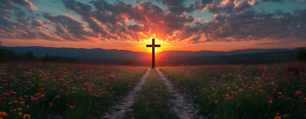 “The Cross of Jesus Christ Silhouetted Against a Sunset”
