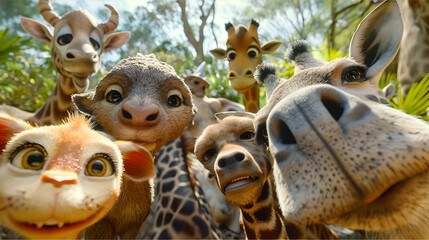 Obraz premium An adorable 3D close-up of cute animals smiling straight at the camera, capturing their playful expressions against a vibrant safari background.