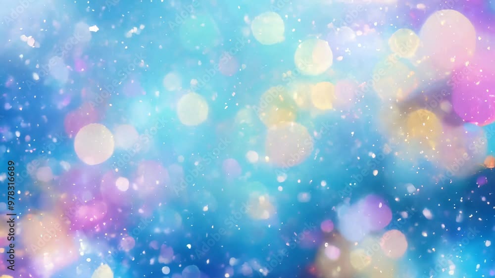Poster a soft and dreamy bokeh effect with colorful light particles on a blue gradient background, creating