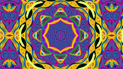 Abstract colorful psychedelic kaleidoscope background pattern for New Year music festival