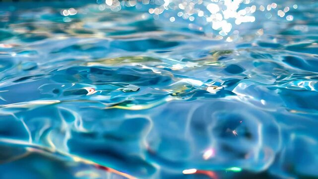 Close-up of blue pool water with sparkling sunlight reflections, creating a refreshing and vibrant summer scene.