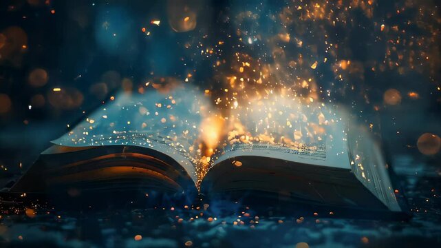 An open book with floating lights and magical sparkles emanating from it, creating an enchanting and mystical atmosphere.