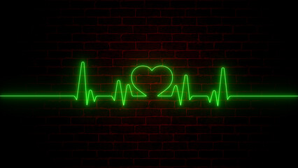 Dynamic Neon Heartbeat: Abstract Medical Pulse Wave ECG/EKG Chart - Green Cardiogram Display Illustrating Cardiology Technology, Health Monitoring, and Digital Healthcare Concept with Glowing Curves