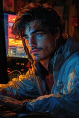 Obraz premium Man in Blue Jacket with Headphones