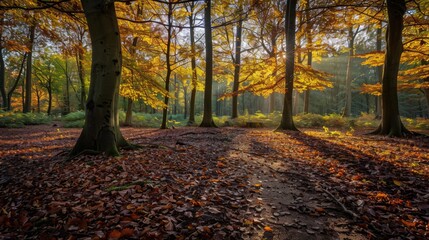 Obraz premium a canopy of leaves in a forest, glowing in the warm light of the golden hour, with sunbeams filtering through and casting soft shadows on the ground, with copy space for text