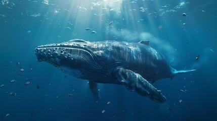 Fototapeta premium A 3D cartoon whale majestically swimming through the deep blue ocean with smaller fish accompanying it 3D cartoon