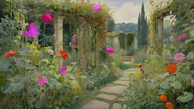Old castle flower garden with pillars. Seamless 4K looping timelapse video animation background